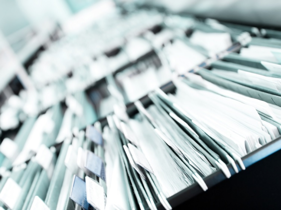 Close up of documents in a filing drawers