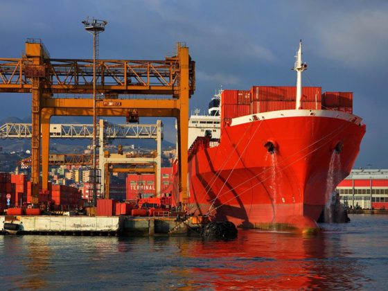 Dock cranes and docked cargo ship