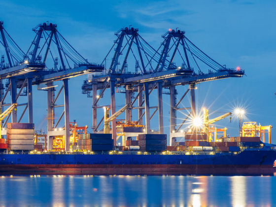 Docked container ship at dusk with dock cranes in the background