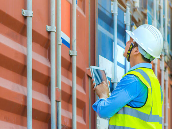 Man in hardhat and safety vest inspecting containers